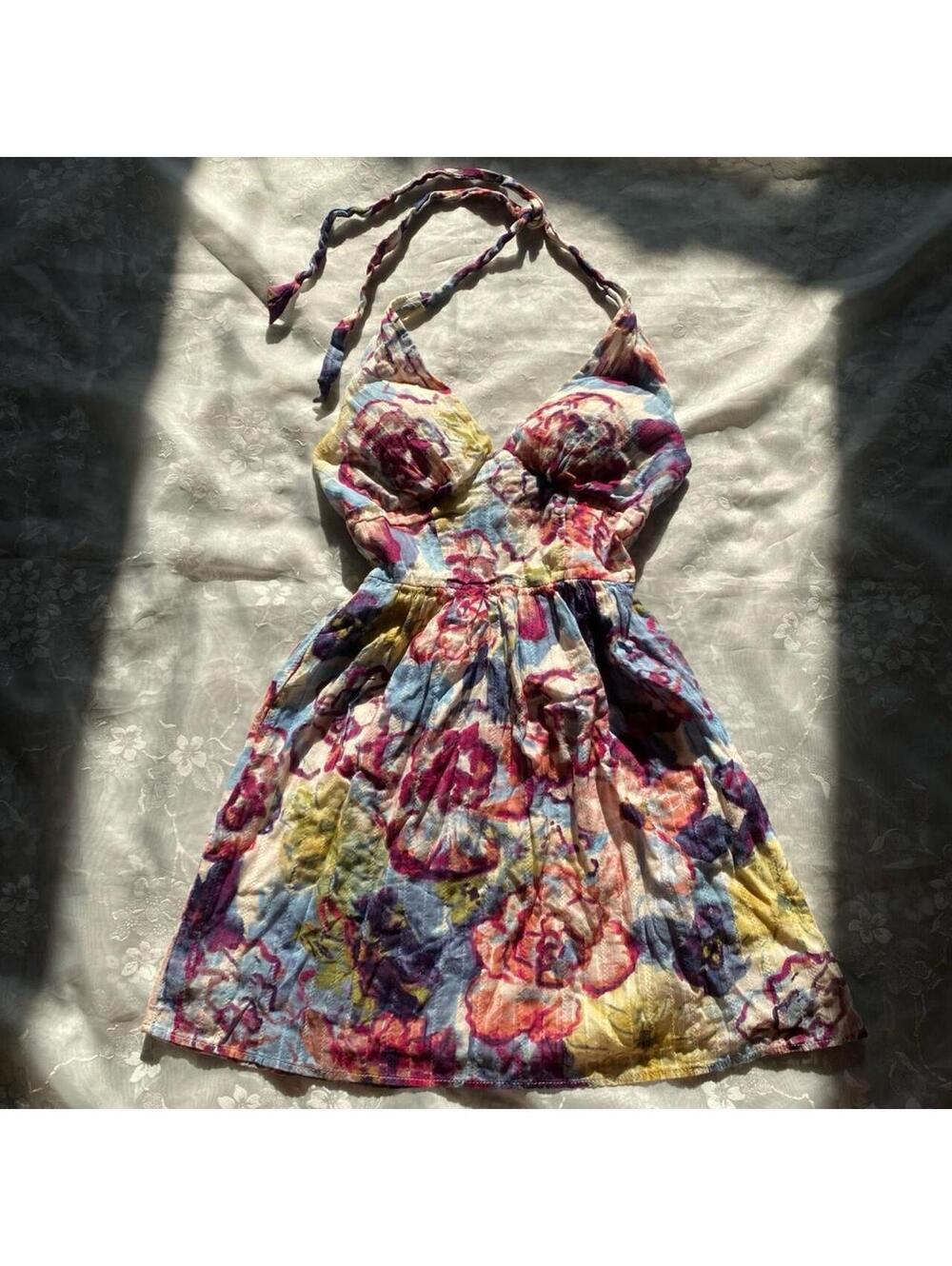 Vintage authentic l Y2K floral halter mini dress with tie back